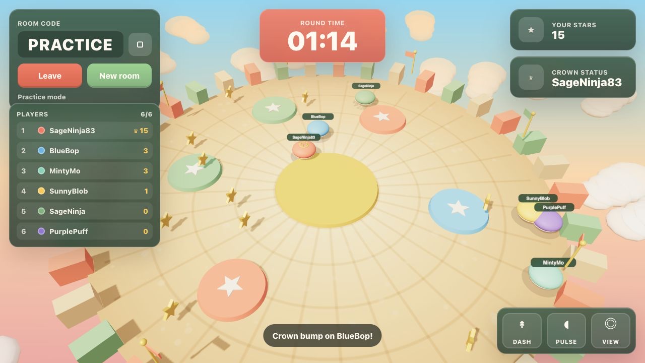 Bumper Crown gameplay — colourful bumper avatars collect stars around a floating crown arena.