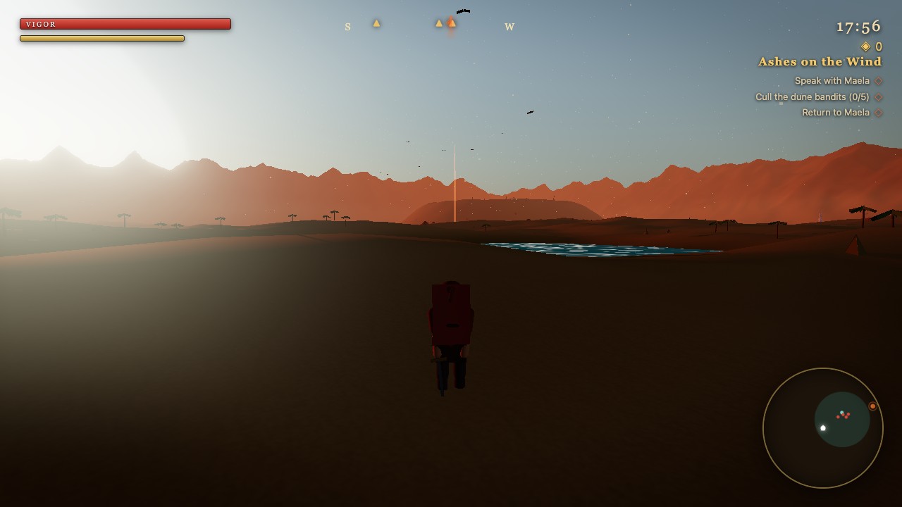 Crimson Desert gameplay — a cloaked wanderer crosses a vast dune sea at golden hour, a ruined desert city on the horizon.