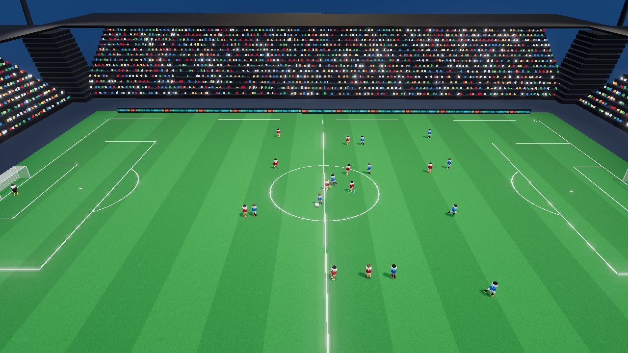 FC 2026 gameplay — red and blue teams contest the ball at the halfway line of a floodlit 3D pitch, the packed crowd glowing in the stands.