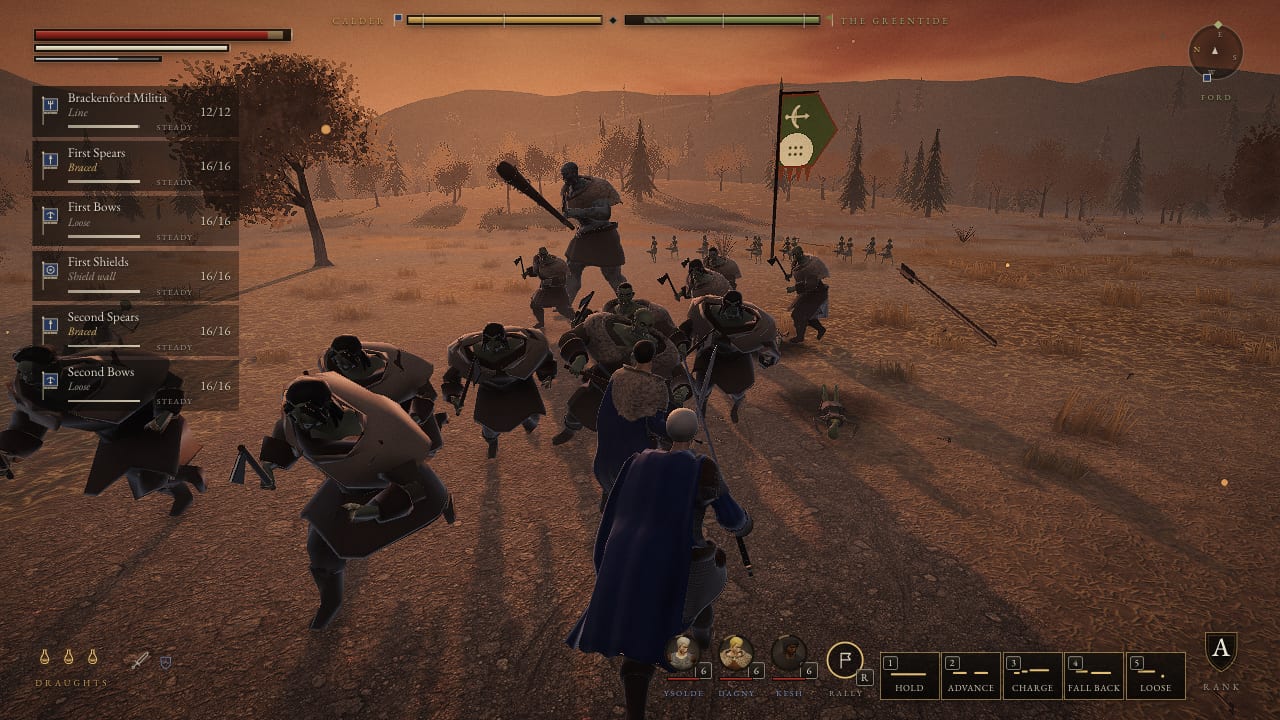 Generals & Warlords gameplay — a blue-caped general and his heroes charge an orc warband led by a club-swinging troll under a green Greentide banner, on a sunset battlefield.