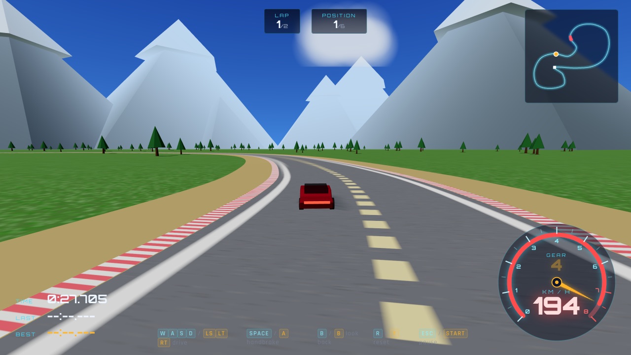 Grand Prism gameplay — a red race car carving a curbed mountain circuit with a glowing tachometer HUD.