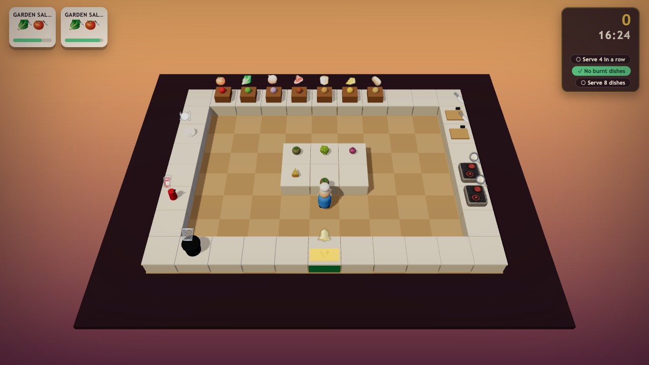 Kitchen Chaos gameplay — a chef rushing orders in a colourful 3D diner with order tickets and stoves.