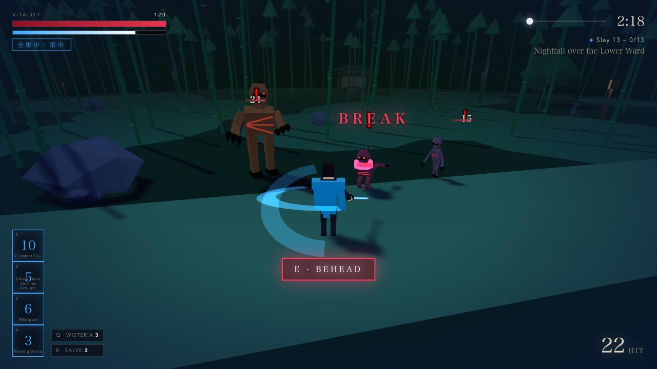 Kizuki gameplay — a demon slayer cuts a glowing blue arc through a night forest, one demon broken and marked BREAK with the behead prompt lit, two more closing in.