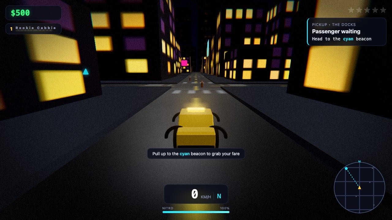 Neon Cab gameplay — a yellow taxi cruising a neon-lit city street at night with a glowing TAXI sign and headlights on the road.