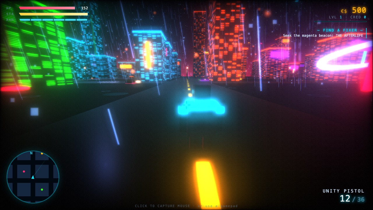 Neon Drift 2077 gameplay — a chrome merc on a rain-slicked street in a 3D Night City, towers glowing magenta and cyan under a violet sky.