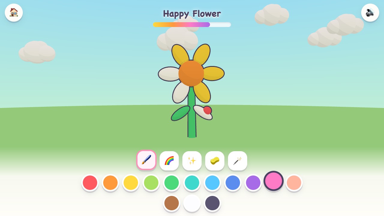 Paint World gameplay — a half-coloured 3D flower in a sunny meadow above a big round palette of paint colours.