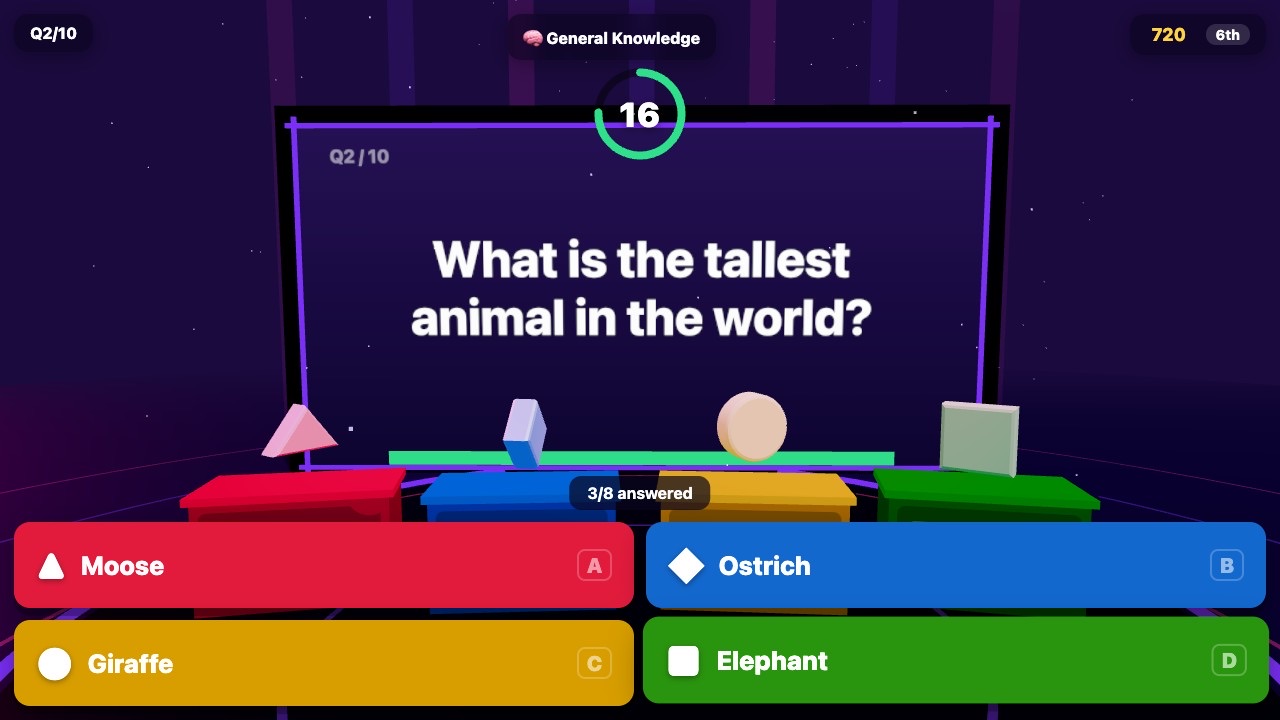 Quiz Clash gameplay — a neon 3D quiz stage with a giant question board and four colored answer podiums as a player races AI bots to buzz in.