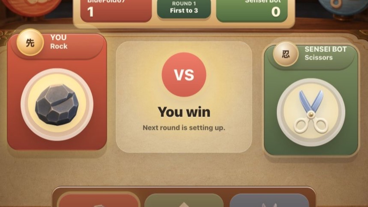Rock, Paper, Scissors! gameplay — two players lock choices on a warm tabletop arena.