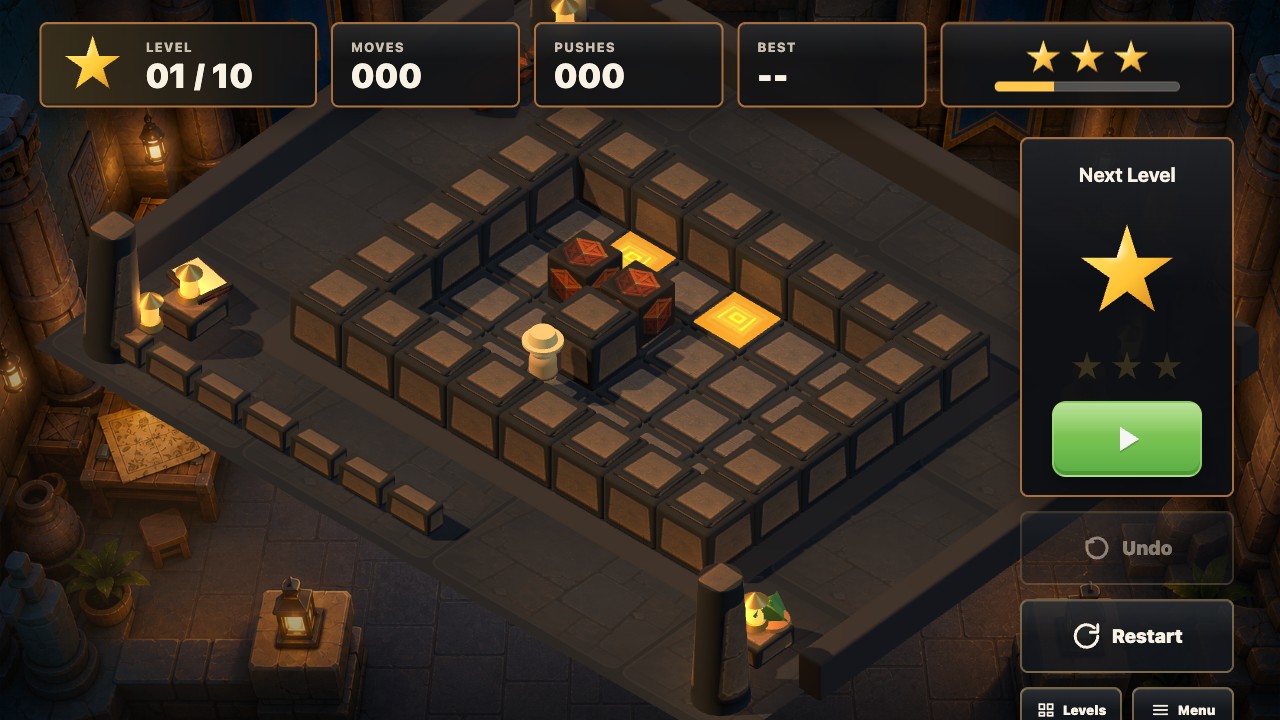 Temple Sokoban gameplay — an isometric stone-temple puzzle board with crates and glowing goal tiles.