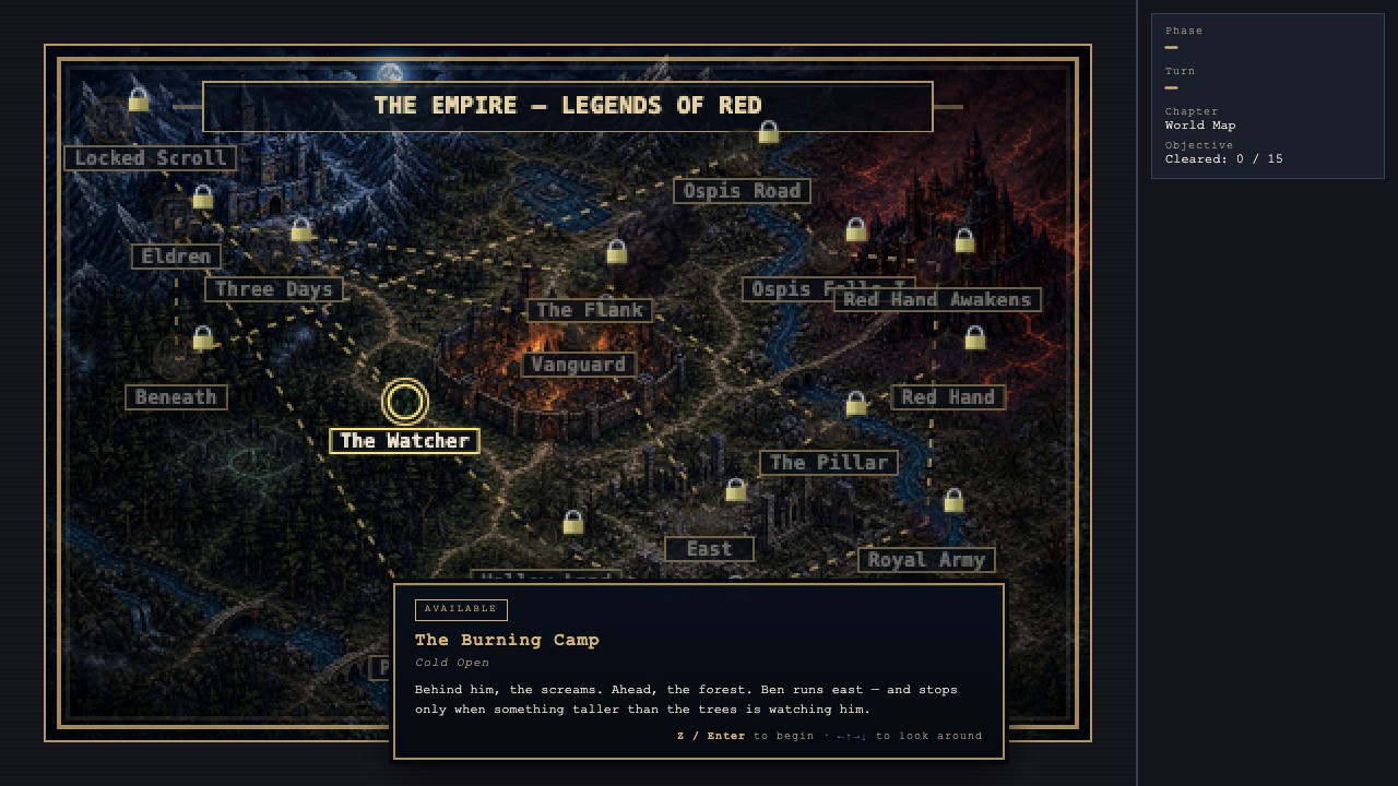 Titanlord Emblem world map — a dark fantasy empire with chapter nodes.