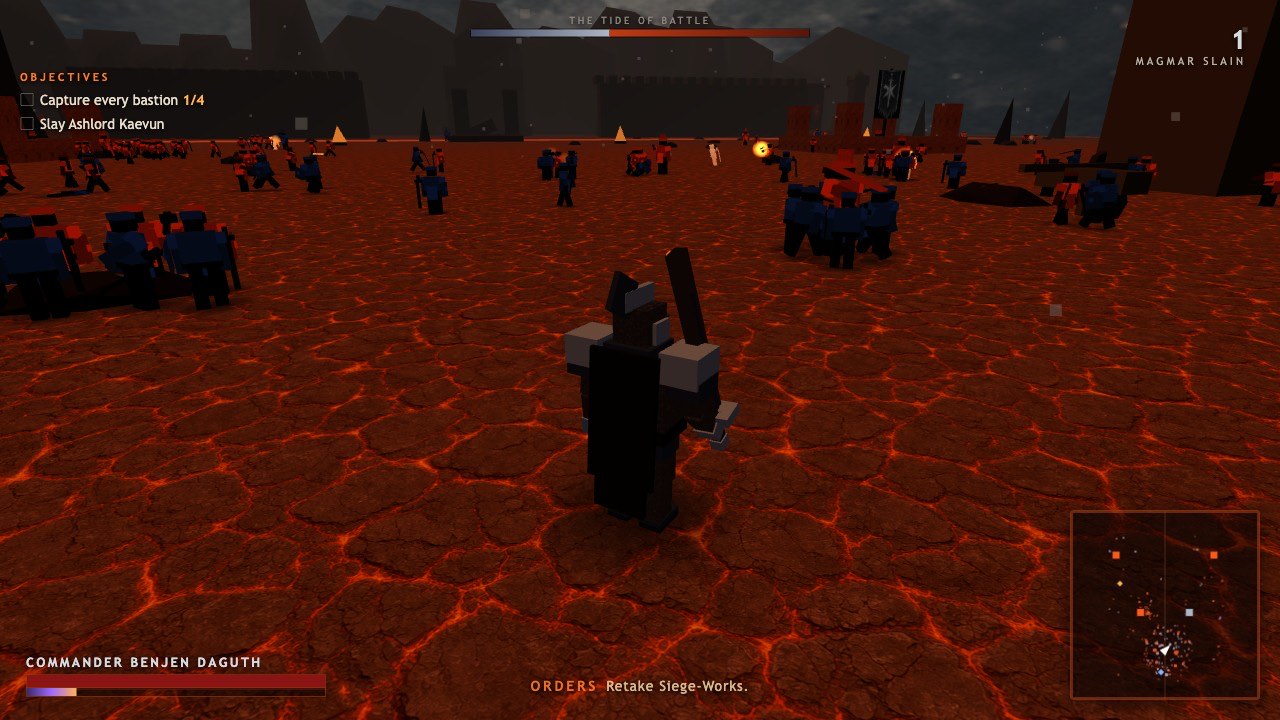 Titanlord gameplay — the black-armoured warrior Benjen Daguth carves through a Magmar horde on an ash-grey battlefield under a molten-orange sky.