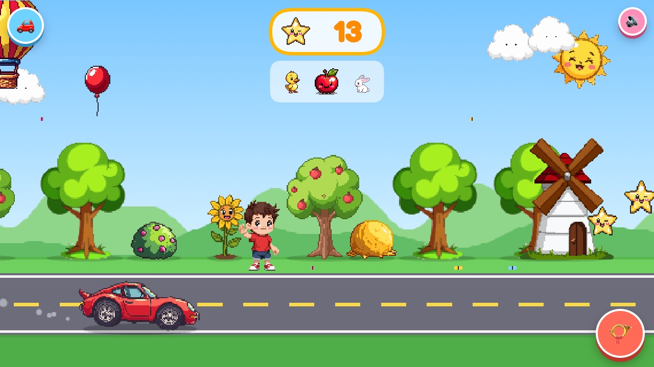 Vroom Vroom Pals gameplay — a chunky pixel-art red race car rolls past a waving toddler, a sunflower and a windmill under a smiling sun, with a row of smiling stars to collect.