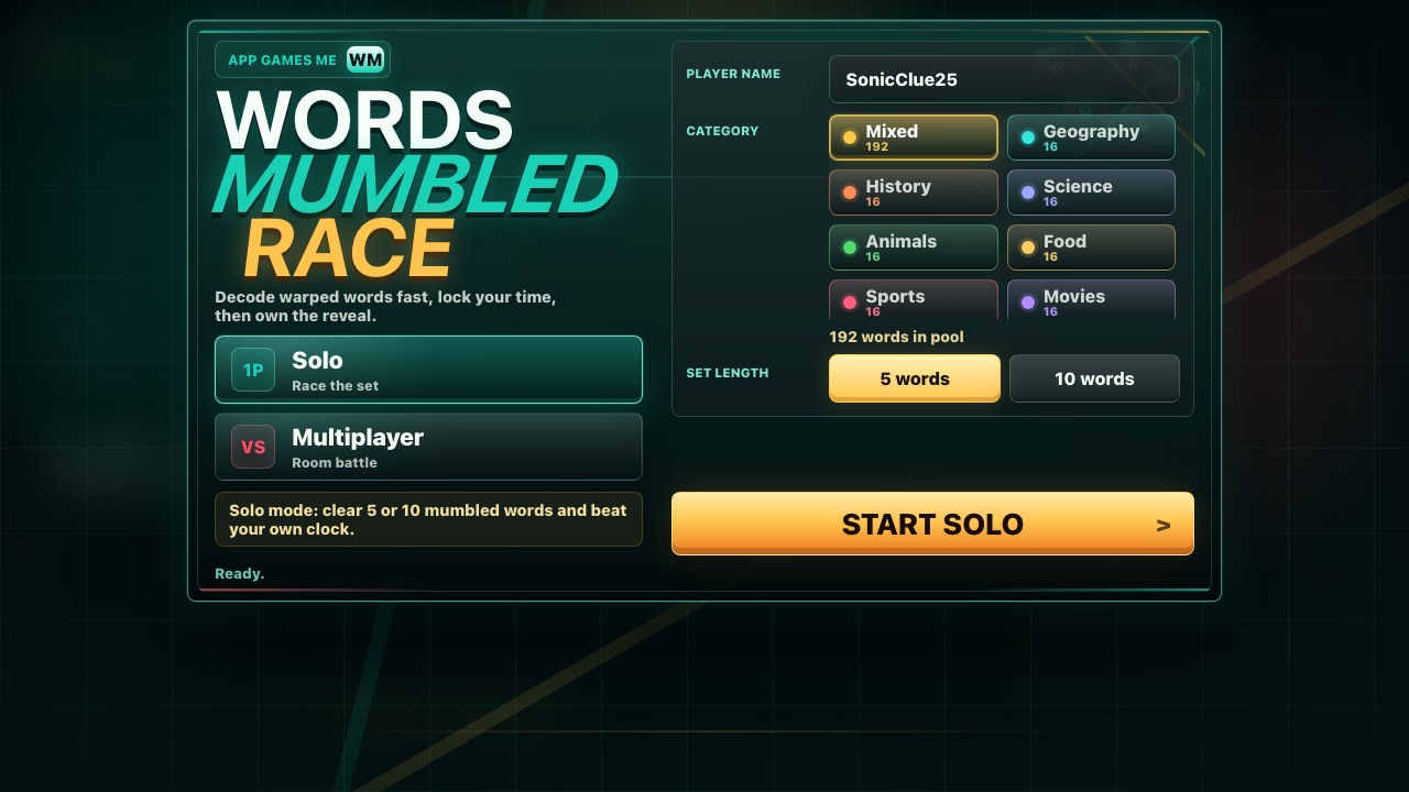 Words Mumbled Race gameplay - neon letter tiles race toward an anime BOOM reveal.