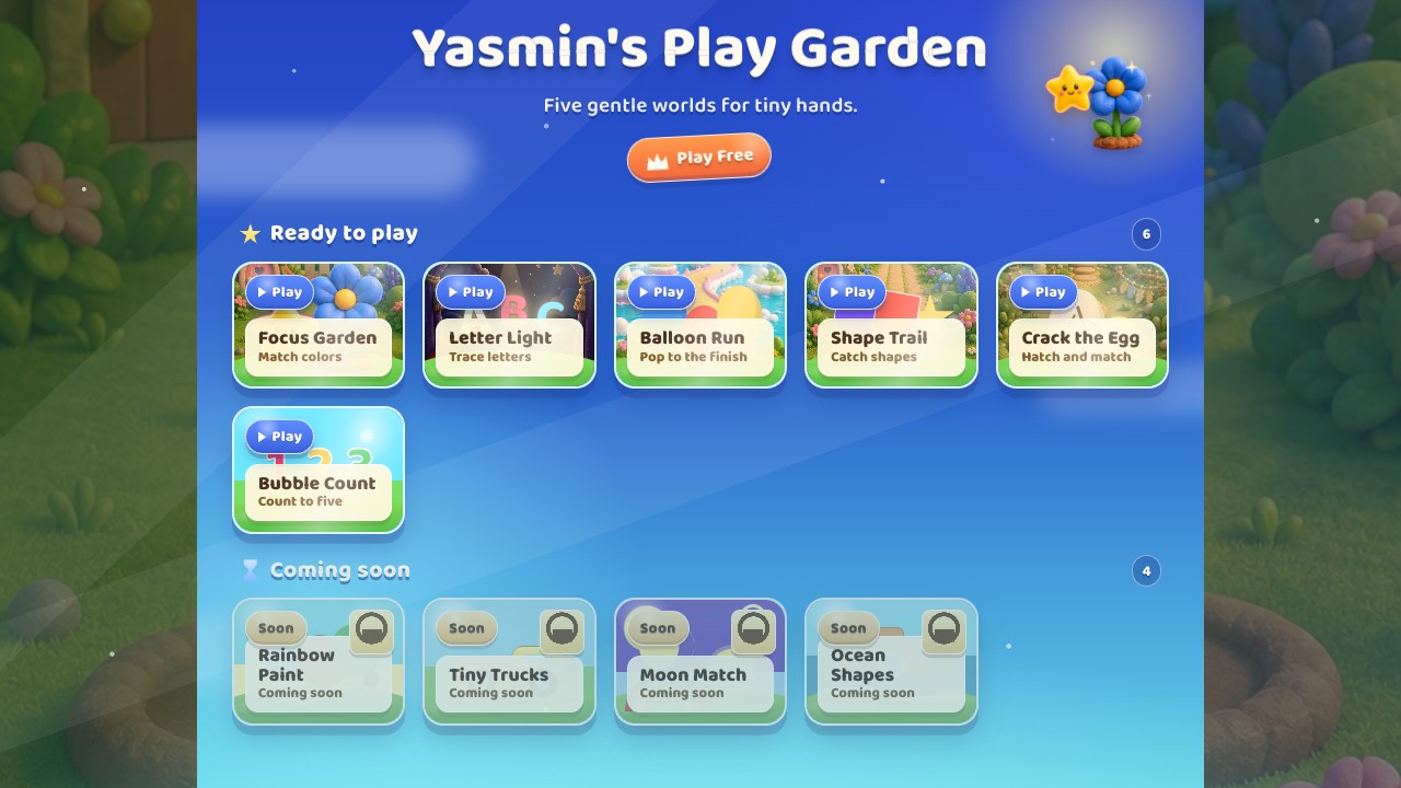 Yasmin's Play Garden menu — seven colourful mini-games for toddlers in a friendly blue garden.
